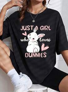 Bunny Lover Just A Girl Who Loves Bunnies Cute Pet Rabbit T-Shirt - 100% Cotton  Casual Short Sleeve Printed Crew Neck T-Shirt For Spring & Summer - Comfortable, Relaxed Fit