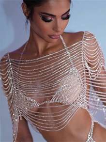Fashionable Sexy Glamorous Tassel Top Bra Chain Jewelry, Multi-Layer Rhinestone Body Chain - Silver - View 1