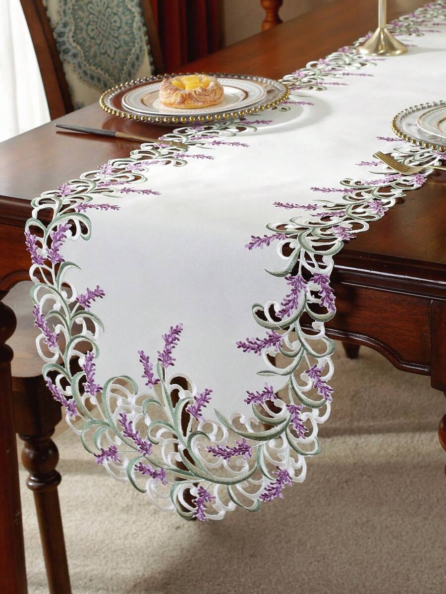 ABEST6522 Home&Living store 1pc Satin Fabric Table Runner, Embroidered Hollow-Out Lavender Design, Romantic Decor For Kitchen, Dining, Coffee, Vanity Tables, Home Party, Holiday, Indoor/Outdoor, Wedding Decorations