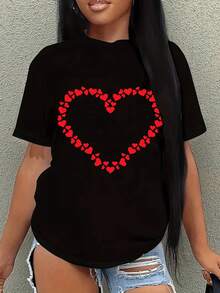 Women Round Neck Short Sleeve Fashion Heart Print Casual Daily T-Shirt Graphic Tees Women Tops - Black - View 1