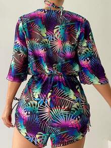 3pcs Women Tropical Plant Print Halter Neck Bikini Set With Removable Sarong Cover-Up - Multicolor - View 3