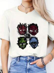 Devil Cartoon Head ,Casual Print,Comfortable And Versatile,Letter Pattern Pure Cotton 220g Printed T-Shirt - White - View 1