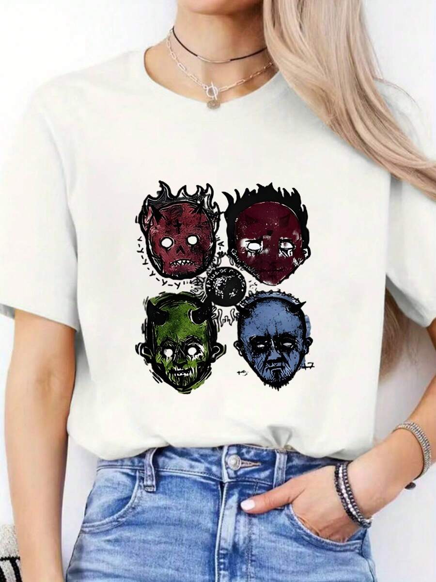 Devil Cartoon Head ,Casual Print,Comfortable And Versatile,Letter Pattern Pure Cotton 220g Printed T-Shirt - White - View 1