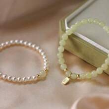 1pc Chinese Style Natural Jade & Pearl Luxurious Bracelet, Suitable For Women Daily Wear