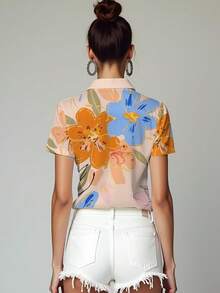 夏季女士定制照片短袖衬衫时尚个性化夏威夷衬衫 3D 花卉印花 T 恤添加您的照片设计定制趣味衬衫度假休闲装 - 橘色 - 查看 2