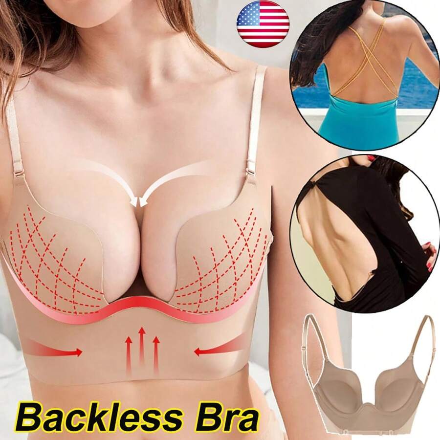 Backless Women Push Up Bra Super Boost Sexy Deep U Plunge Bra Invisible Underwear Body Shaper Shapewear Gathering Low Back With Transparent Shoulder Straps - 米色 - 查看 1