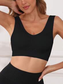 Solid Color Breathable Mesh Yoga Sports Bra With Removable Pads, Shock-Absorbing Wireless