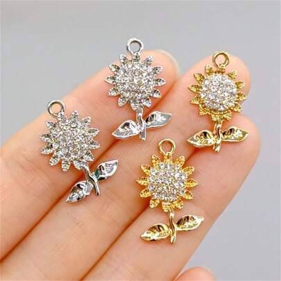 10pcs Luxury Alloy Rhinestone Sunflower Pendant, DIY Jewelry Accessories For Bracelet, Necklace, Earring, Keychain