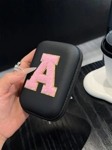 1 pieza Bolsa organizadora de cable con cremallera y bordado de letra del alfabeto, patrón morado sobre fondo negro para almacenamiento de cable de datos/cargador/auriculares, portátil - Multicolor - View 5