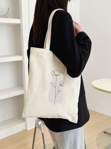 New Beige Stone Line Floral Print Tote Bag, Versatile Suitable For School, Campus, Library, Shopping, Travel, Outdoor, Casual, Large Capacity Convenient Style