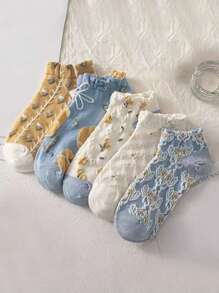 5/10/20 pares Calcetines cortos y versátiles para mujer con patrón de flor 3D en relieve, estilo retro, transpirables