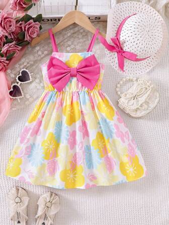 年轻女孩花朵蝴蝶结装饰无袖可爱度假风格连衣裙（带帽子），春夏季