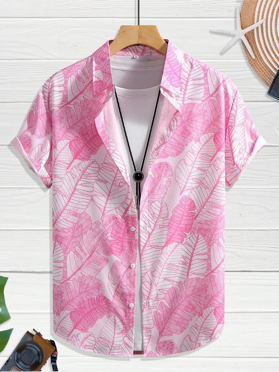 男士休闲短袖衬衫，树叶印花，夏季 - 淺粉色 - 查看 1