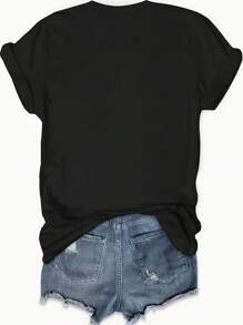 Camiseta de manga corta con cuello redondo y estampado vibrante del alfabeto - Tejido de poliéster de elasticidad media, longitud regular, estilo casual, estampado de los 80 - Perfecta para todas las estaciones - Negro - Ver 3