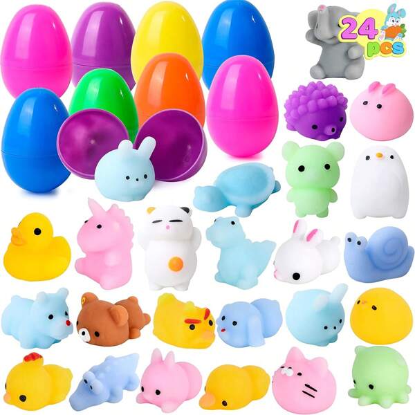 24 Piezas de Huevos de Pascua Rellenos con Juguetes Apretables Kawaii de Mochi, Juguete Apretable Anti-Estrés para Búsqueda de Huevos, Fiesta, Rellenado de Cestas, Premio de Clase