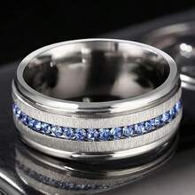 1 Fashionable 8mm Men's Stainless Steel Wedding Engagement Ring, With A Frosted Surface Inlaid With 1 Circle Of Blue Synthetic Cubic Zirconia, Which Is Very Beautiful And The Best Holiday Gift