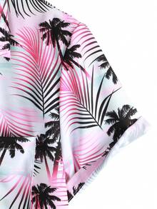 Men's Casual Holiday Short Sleeve Shirt With Digital Palm Tree Print - Pink - View 3