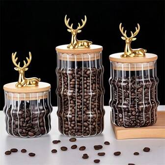 Juego de 1 pieza/3 piezas de frascos de vidrio con tapa de bambú herméticos para guardar café, nueces y otros alimentos. Frascos de vidrio dorado aptos para almacenar caramelos, galletas, pasta, avena, especias en la cocina del hogar. Empacados en espuma perla y caja de regalo, ideales para festivales, Año Nuevo, regalo para novia, madre.