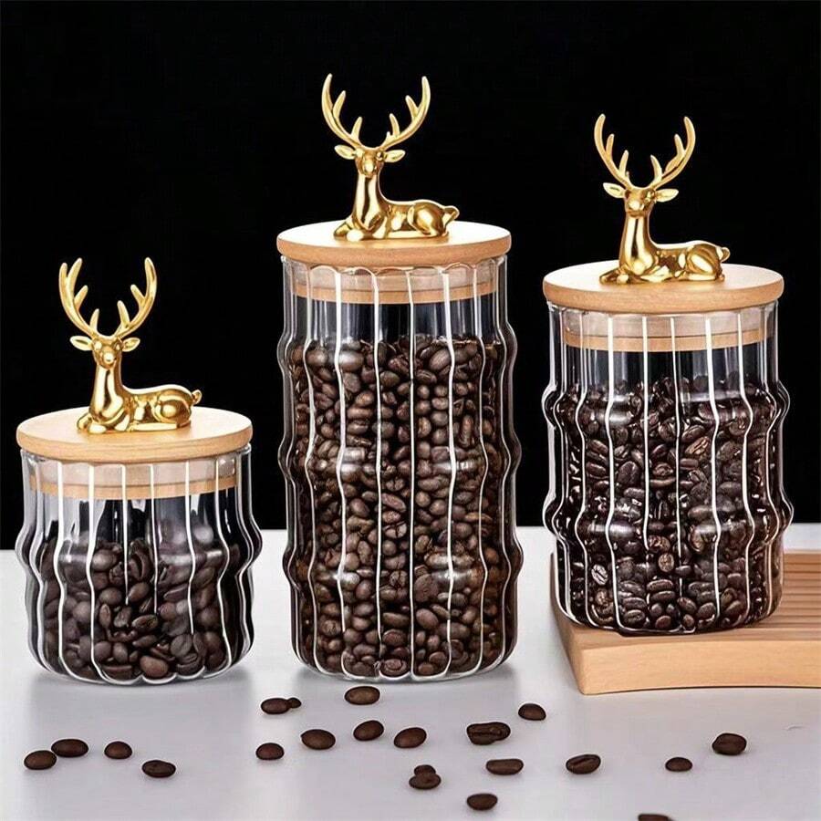 1 件/3 件套装玻璃咖啡坚果罐密封储存容器带竹盖，金色玻璃罐适用于在家庭厨房储存糖果、饼干、意大利面、燕麦片、香料，珍珠泡沫和礼品盒包装，适合节日、新年、送给女朋友、母亲的礼物 - 彩色 - 查看 1