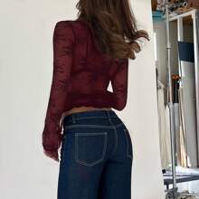 Women's Lace Crop Tops Casual Long Sleeve Deep V Neck Cross Wrap T-Shirts Basic Blouses - Đỏ - Xem 2