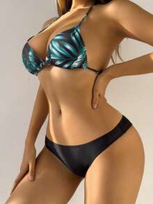 3Pcs/Set Women Tropical Plant Printed Halter Tie Bikini Swimsuit Set With Matching Sarong Cover Up Tops - Dark Green - View 5