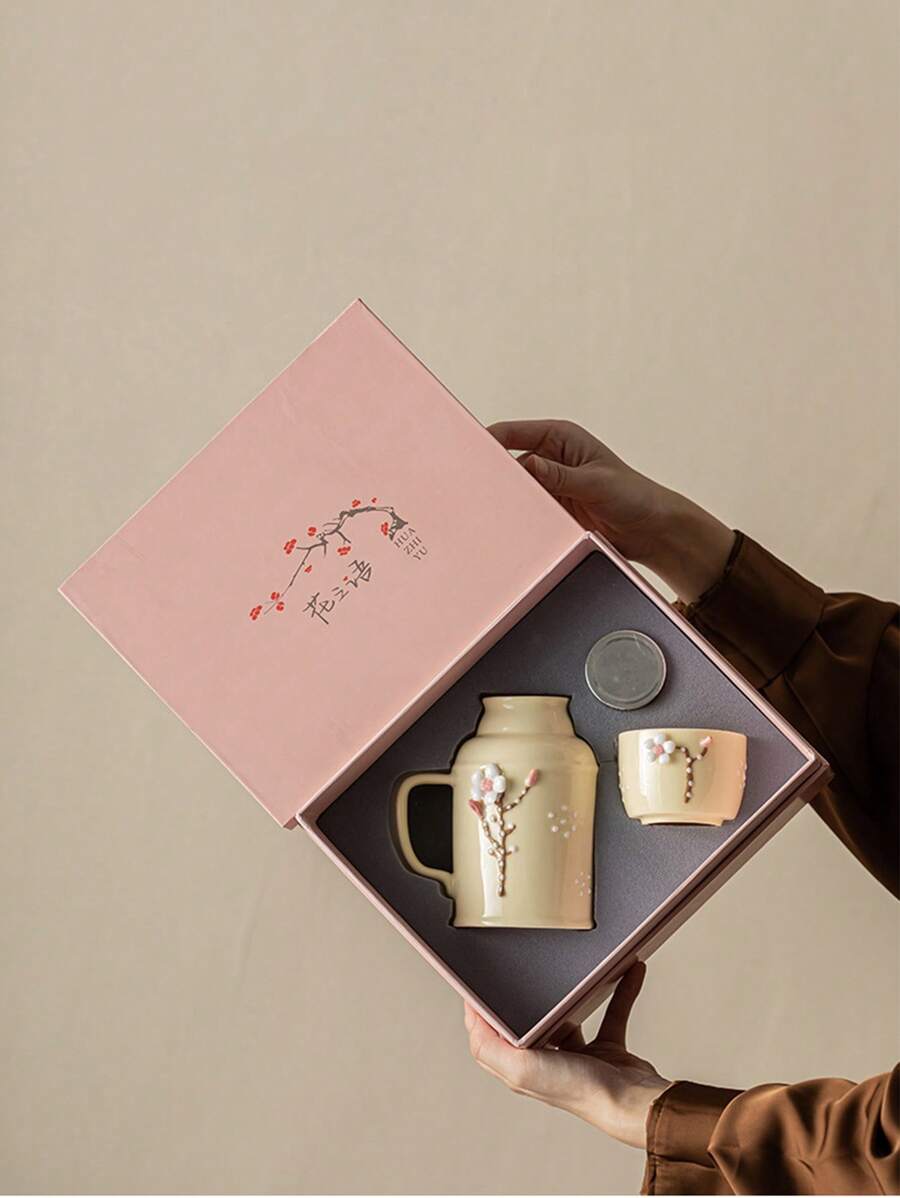 1 套手工花陶瓷小茶壶带木塞，创意马克杯盖，办公室真空保温咖啡壶，茶壶，水壶，家用大容量陶瓷暖手壶，送给朋友、同学返校的节日礼物 - 彩色 - 查看 1