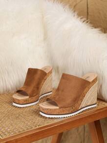 Women's Brown Platform Thick PU Sole Fashion Casual Comfortable Braided Rope & Wood Grain Decor Sandals