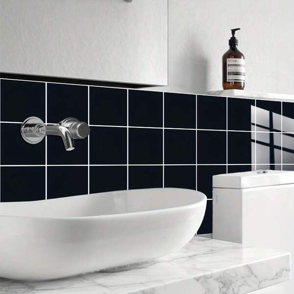10 Pieces/Set PVC Tile Stickers, Simple Solid Color Home Wall Stickers, Home Decor Vinyl Stickers, Spring Decorating Supplies Refresh Your Home, Self-Adhesive Waterproof Oil Resistant Removable Wall Stickers For Kitchen And Bathroom Home Decor (Black)
