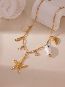 1 件 18K 不锈钢波西米亚风淡水珍珠、贝壳、海星和鱼吊坠项链，适合女性日常和度假佩戴 - 彩色 - 查看 9