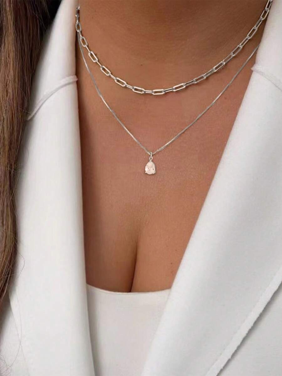 Nooxian 2 Gói Dây chuyền mặt dây chuyền bằng đồng khảm bạc nhiều lớp hình giọt nước lấp lánh bằng đá Zirconia, Vòng cổ thời trang nhiều lớp đa năng, Móc khóa xích ngẫu nhiên Số lượng - Bạc - Xem 1