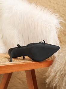 性感时尚网眼面板蝴蝶结装饰镂空露背高跟鞋，休闲百搭黑色女士高跟鞋 - 黑色 - 查看 4