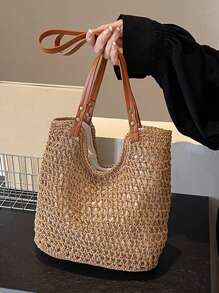 Yogodlns Nuevas bolsas de mano totes con diseño calado para mujer, de gran capacidad, tejidas de paja, bolso de hombro estilo vintage para viajes y playa, bolsa de compras