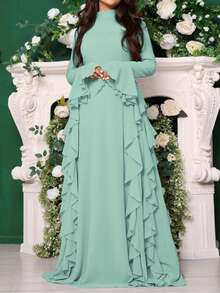 Ladies' Spring And Summer Vacation Date Music Festival Mother's Day Elegant Chiffon Ruffle Edge Slimming Dress - Green - View 9