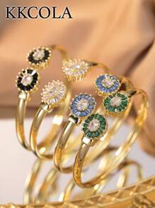 KKCOLA 1 件时尚几何椭圆形锆石手链，多色可选，适合女士派对、度假、海滩珠宝、日常配饰 - 金黃色 - 查看 4