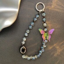 水晶蝴蝶手机挂绳，优雅手工串珠腕带，防丢失手机吊饰 - 彩色 - 查看 3