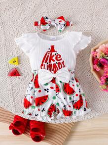 2pcs/Set Infant/Baby Girl Cute Cap Sleeve Printed Bodysuit+Shorts Outfits, Lightweight Summer
