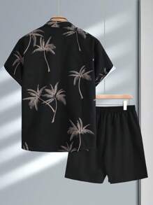 2pcs/Set Men's Casual Regular Outfit: Button-Down Collar Coconut Tree Jacquard Short Sleeve Shirt And Drawstring Solid Color Shorts, Spring/Summer