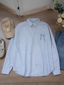 Blusa de mujer a rayas azules y blancas con lazo, camisa de manga larga de ajuste holgado y ligera, para otoño/invierno