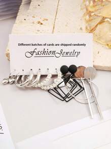 5 Pairs Random Vintage Chic Metal Earrings Set, Triangle, Rhombus, Hoop Geometric Earrings, Creative Jewelry Gift For Party - Antique Silver - View 3