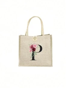 1 pieza Bolso de mano con flor de lino y letra, bolso de gran capacidad sencillo, bolso de almacenamiento casual portátil, bolsa de compras multifuncional, bolsa de regalo personalizada, adecuada para bodas, cumpleaños, playas, festivales, regalos perfectos para mujeres, maestros, amigos, damas de honor, bolsos grandes, estudiantes y vuelta a clases