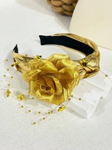 1pc Women Ramadan Gold Rose Peony Star Bead Chain Leather Star Knot Headband, Casual Polyester Fiber Headband, Suitable For Party Year Round
