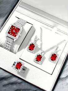 Set de 5 relojes de lujo de cuarzo para mujer + Conjunto de joyería de diamantes cuadrados populares, apropiados para uso diario y como regalos para amigos y familiares