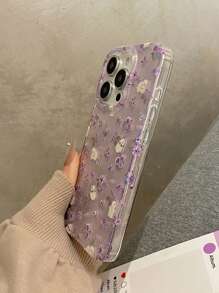 花朵碎花兔子设计手机壳适用于 16 Pro Max、 14、 15、 15 Pro、带弹簧的 16、锡纸纹理、硅胶、创意防震外壳、防水防摔防刮 - 紫色 - 查看 5