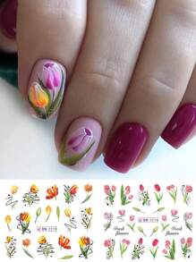 12 Styles Design Tulip Flower 1pc Nail Art Stickers, Plant Blooming Snowdrops Floral Leaf Sliders Gift Wedding Nails Water Transfer Decals Design Manicure Charm Decoration (Without Viscosity)