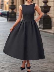 女士 Old Money 风格黑色露背无袖中长连衣裙、A 字连衣裙、约会连衣裙、收腰连衣裙、生日连衣裙、赫本风格连衣裙，适合外出 / 约会 / 派对 / 商务休闲，2025 年夏季和春季新款，夏季服装，女士乡村服装，女士性感俱乐部服装，女士约会之夜服装 - 黑色 - 查看 5