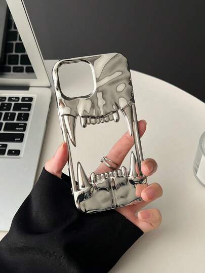 1pc Silver Plated Hollow Wrinkled Canine Tooth Pendant, Simple Yet Stylish Design, Suitable For Both Men And Women Waterproof Shockproof Anti-Fall Scratch Resistant