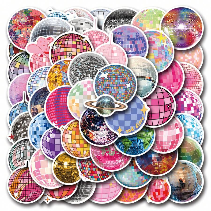 55 件装 70 年代 80 年代迪斯科球贴纸适用于瓶子笔记本电脑行李剪贴簿复古趣味美学贴纸包小乙烯基贴花 - 彩色 - 查看 1