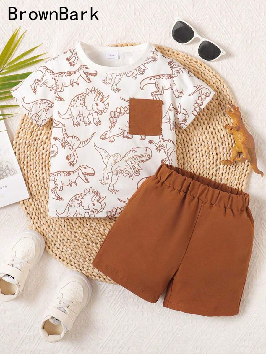 BrownBark 2 Piece Set: Young Boy Summer Cool Dinosaur Print Short Sleeve Tee + Shorts, Casual & Comfortable, Suitable For Daily Wear And Outdoor Activities