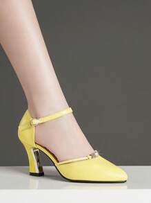 Herbst/Winter 2025 Frühling/Sommer Neue Damen Pumps mit Blockabsatz, Riemen, Strass und Hohlmuster, spitzer Zehenbereich, Schlupfeinstieg, elegant - Gelb - Übersicht 4