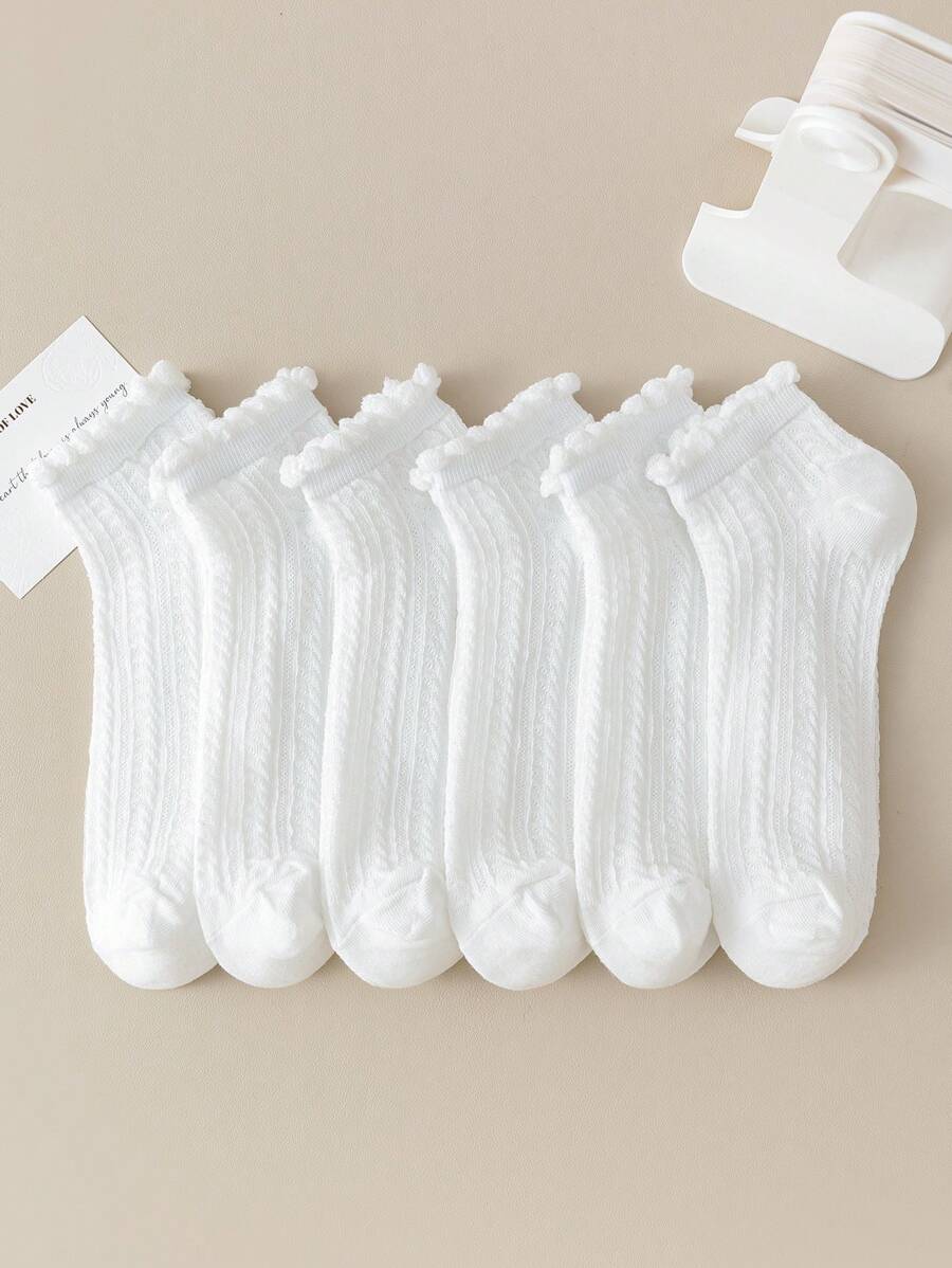 6 Pairs Women Short White Socks, Casual Cute All Season Versatile Socks With Cable Knit Design, Suit For Spring/Summer - White - View 1